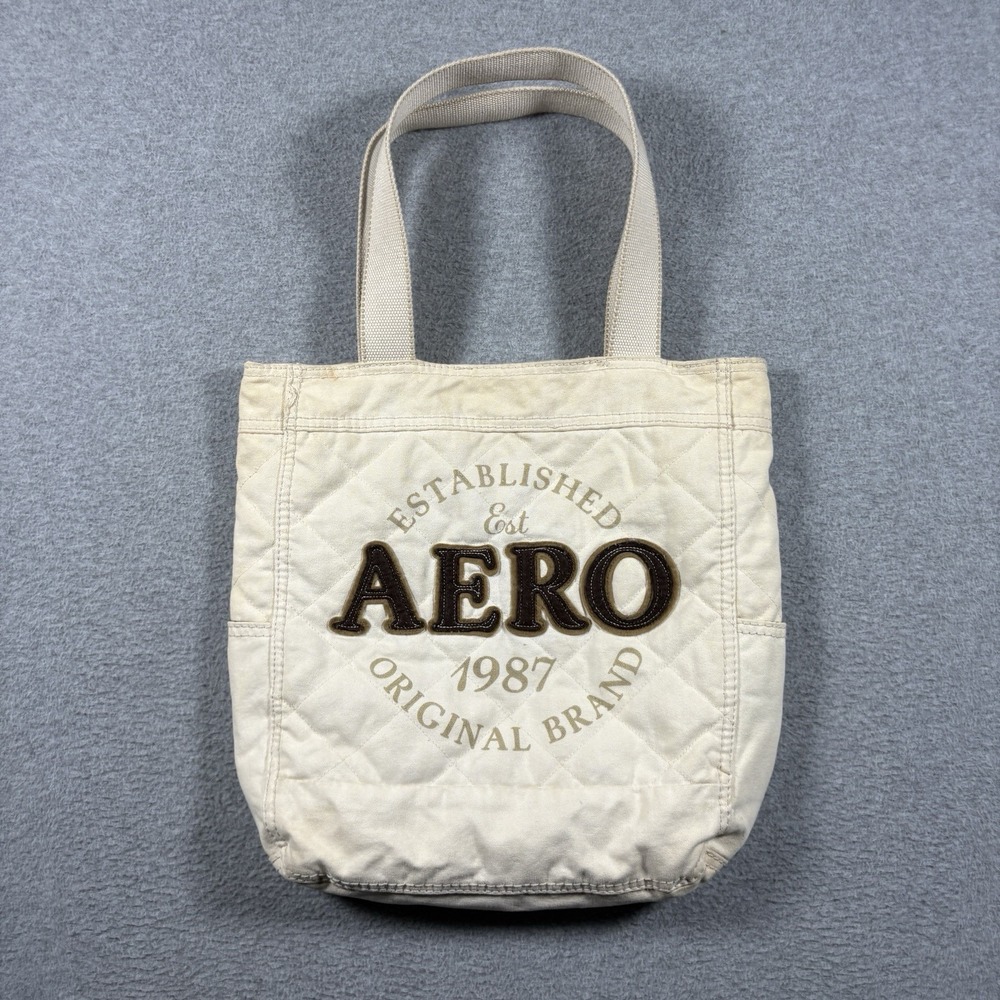 Vintage Aeropostale Quilted Canvas Tote Bag Cream Brown Aero 1987 Applique Y2K
